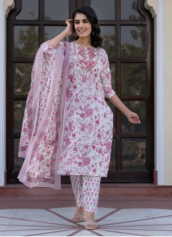 White Printed Kurti Set With Dupatta
