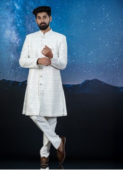 White Silk Sequins Embellished Indowestern Set