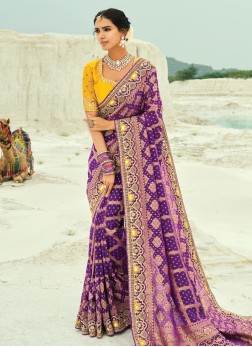 Wine Embroidered Chiffon Banarasi Saree