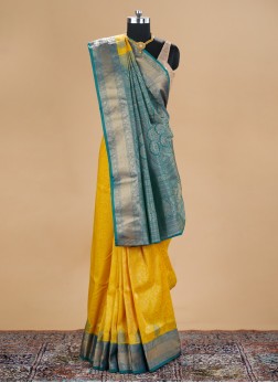 Yellow And Peacock Green Woven Banarasi Silk Saree