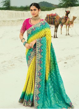 Yellow And Rama Embroidered Chiffon Banarasi Silk 