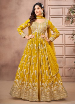 Yellow Embroidered Anarkali Palazzo Set With Dupat