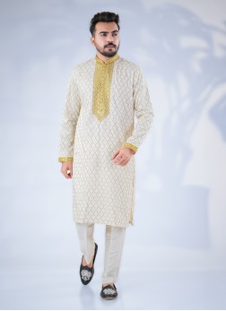 Yellow Embroidered Silk Kurta Pajama