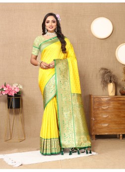 Yellow Wedding Silk Saree With Weaving Work