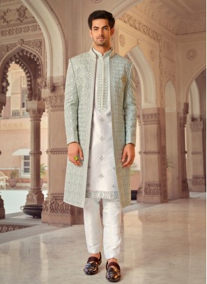 Pista Green Jacket Style Indowestern In Art Silk