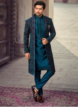 Peacock Blue Long Jacket Style Sherwani