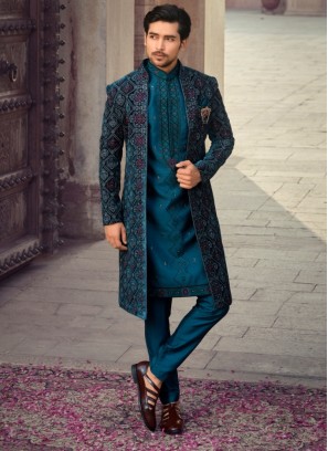 Peacock Blue Long Jacket Style Sherwani