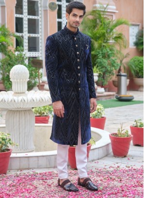 Zig Zag Work Velvet Fabric Sherwani