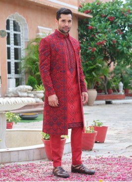 Wedding Wear Jacket Style Sherwani In Red Color