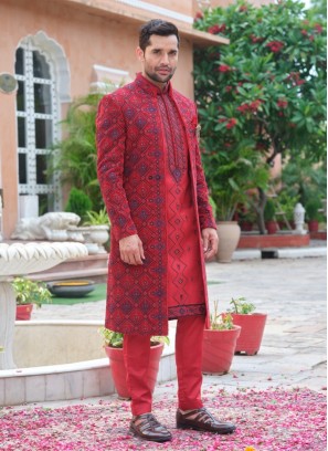 Wedding Wear Jacket Style Sherwani In Red Color