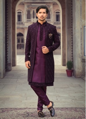 Purple Art Silk Jacket Style Sherwani For Wedding