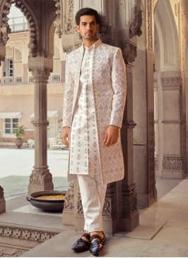 Jacket Style Off White Indowestern For Wedding