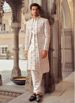 Jacket Style Off White Indowestern For Wedding