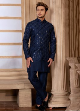 Navy Blue Silk Nehru Jacket Set With Embroidery