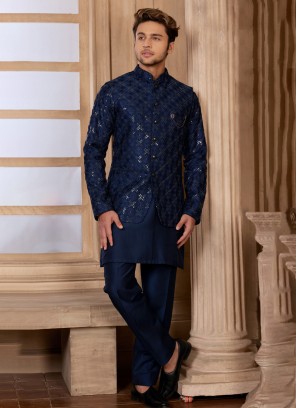 Navy Blue Silk Nehru Jacket Set With Embroidery