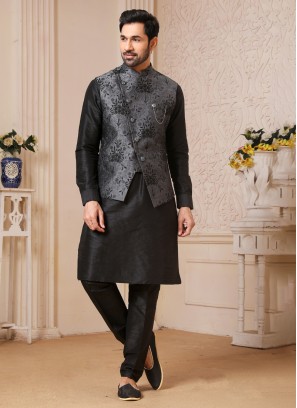Readymade Black And Grey Embroidered Nehru Jacket Set