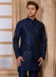 Navy Blue Silk Nehru Jacket Set With Embroidery