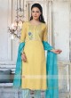 Yellow & Sky Blue Pant Style Suit With Dupatta