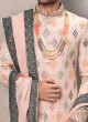 Plastic Mirror Work Sherwani In Peach Color