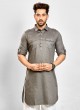 Dark Grey Pathani Set In Cotton Fabric