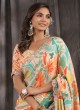 Lovely Floral Printed Light Peach Satin Silk Saree