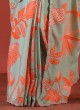 Sea Green With Orange Floral Printed Satin Silk Saree