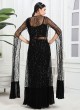 Shimmering Black Lehenga With Crop Top & Long Jacket With Cape Sleeves