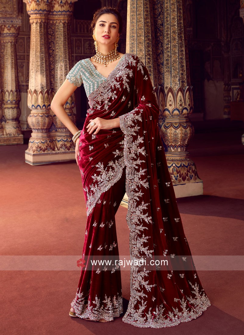 MAROON and CHIKU embroidered velvet saree with blouse - KRISHNA FASHION -  821925