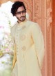 Lemon Yellow Indowestern Set In Brocade Silk With Embroidered Work