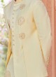 Lemon Yellow Indowestern Set In Brocade Silk With Embroidered Work