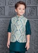 Peacock Blue Fancy Printed Silk Nehru Jacket Set