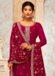 Georgette Embroidered Cherry Red Dress Material