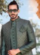 Mehndi Green Jacket Style Indowestern Set In Thread Motifs