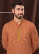 Chikankari Kurta Pajama In Orange Color With Digital Print