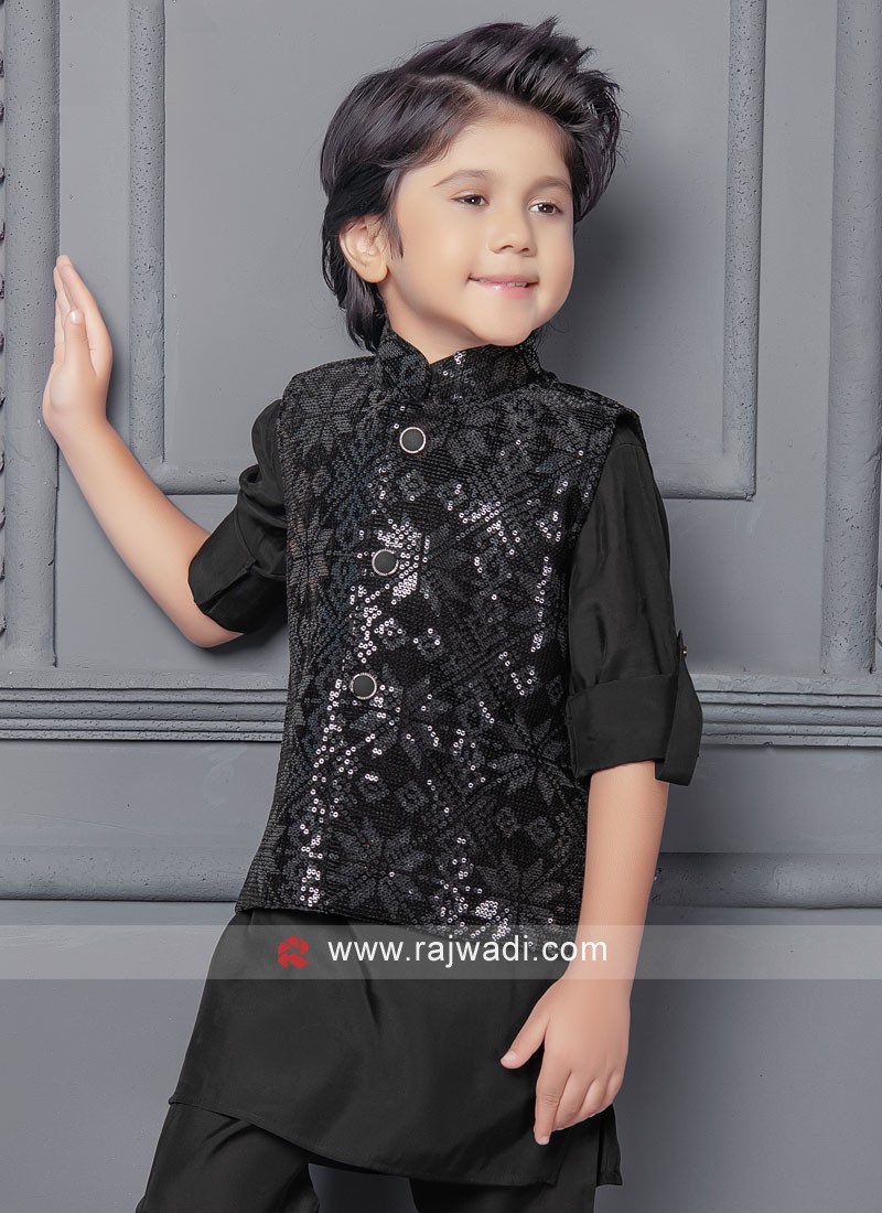 Black Sequins Embroidered Nehru Jacket Set