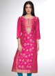 Deep Pink A-Line Ethnic Printed Muslin Silk Kurti