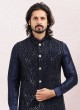 Thread Embroidered Navy Blue Nehru Jacket Set