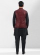 Red And Black Embroidered Nehru Jacket Set For Men