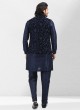 Stylish Thread Work Nehru Jacket Set In Navy Blue