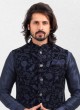 Stylish Thread Work Nehru Jacket Set In Navy Blue