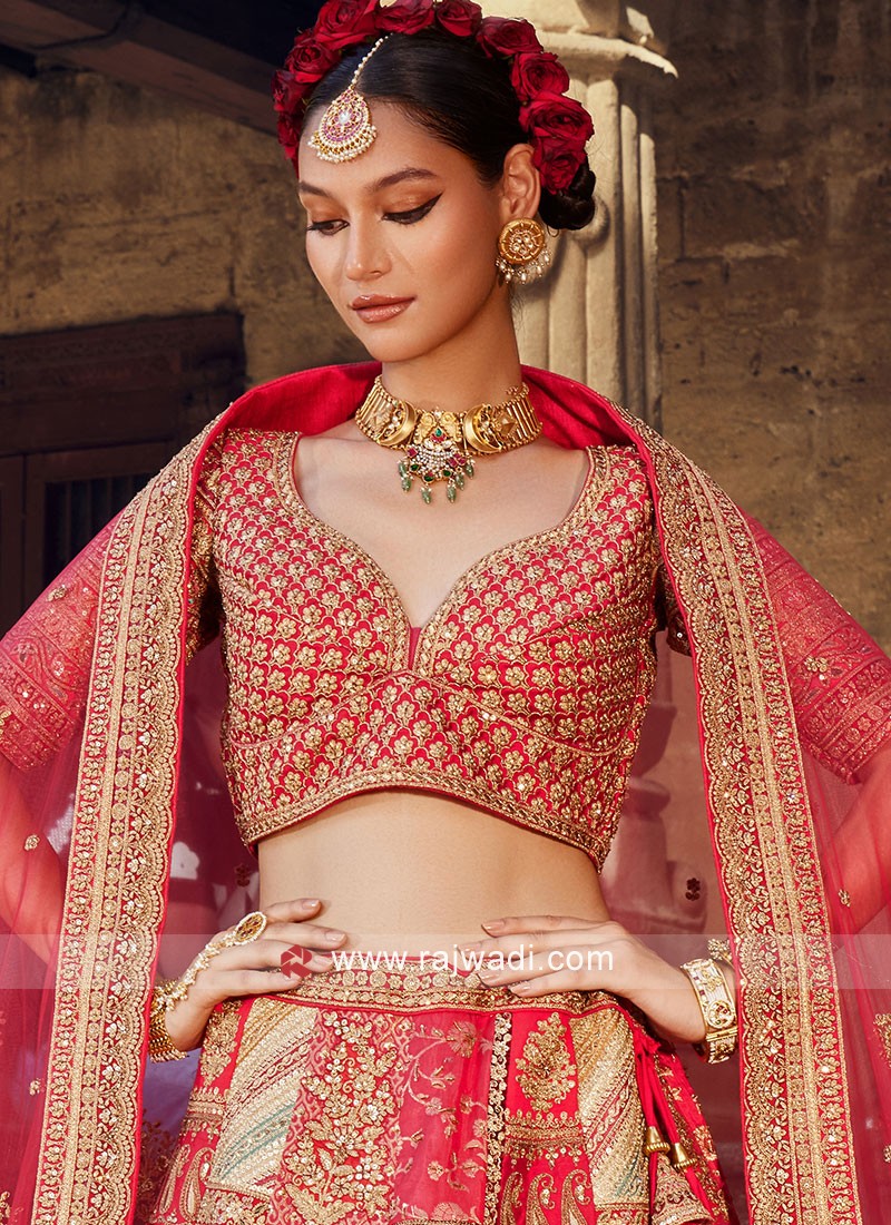 Graceful Red Embroidered Silk Bridal Lehenga Choli