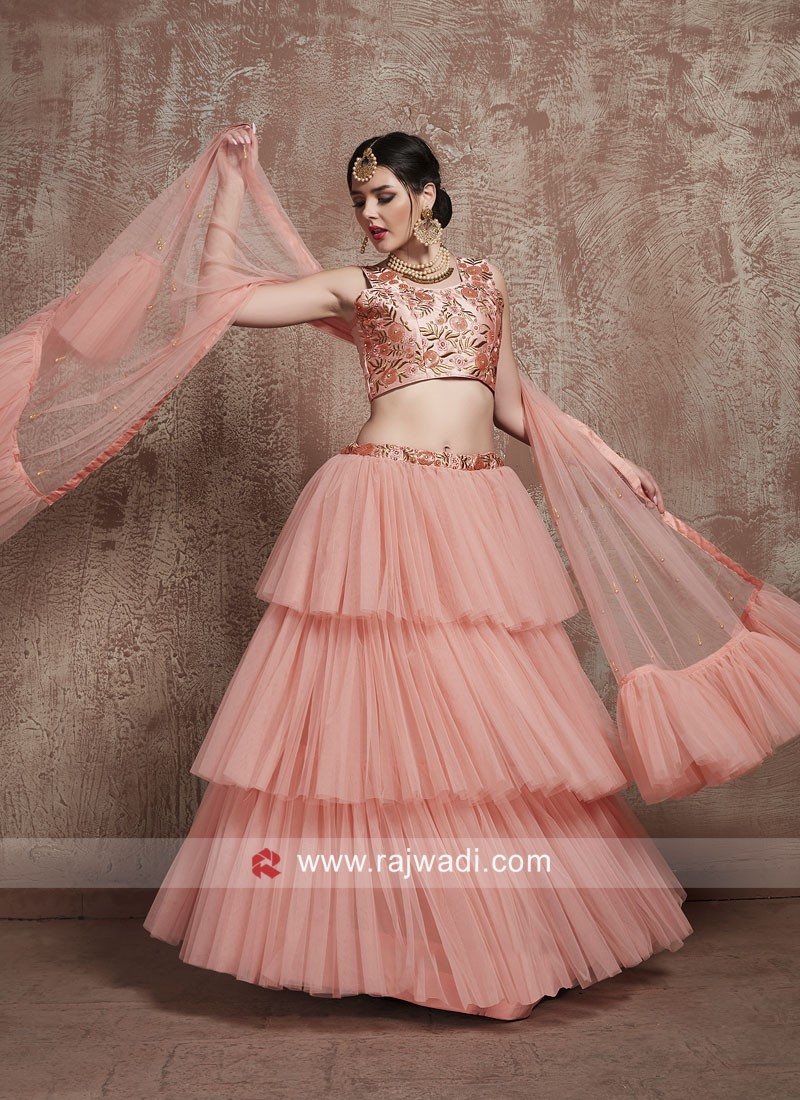 Machine FANCY NET EMBROIDERY RUFFLE WORK LAYERED LEHENGA CHOLI WITH DUPATTA  at Rs 1119 in Surat