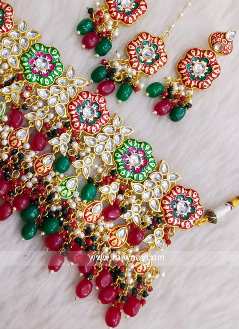Green Colour Meenakari Choker Necklace Set for Lehenga by FashionCrab
