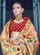 Peach Saree with Red Weaving Blouse