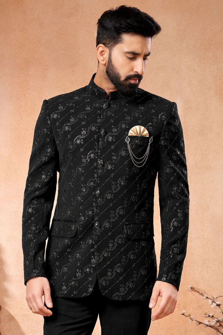 Black Velvet Embroidered Jodhpuri Suit