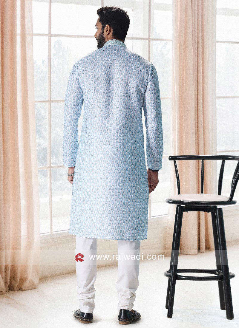 Fancy Printed Kurta Pajama In Light Sky Blue Color