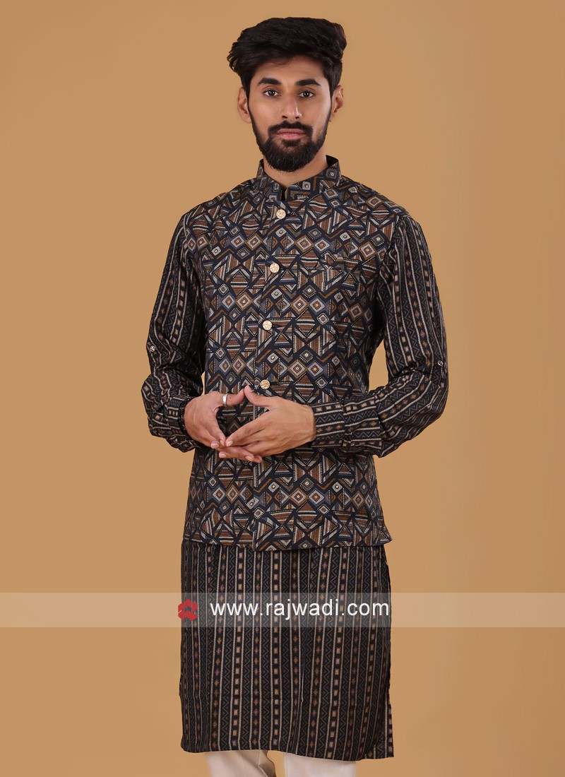 Digital Printred Navy Blue Nehru Koti Set