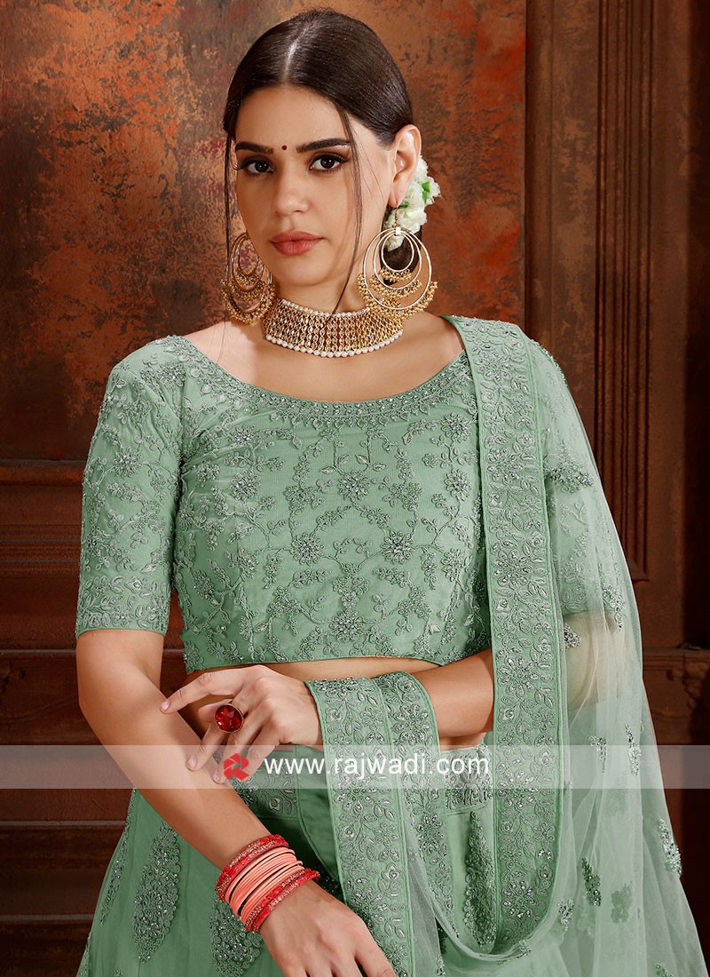 Pista Green soft net Lengha Choli with matching dupatta.