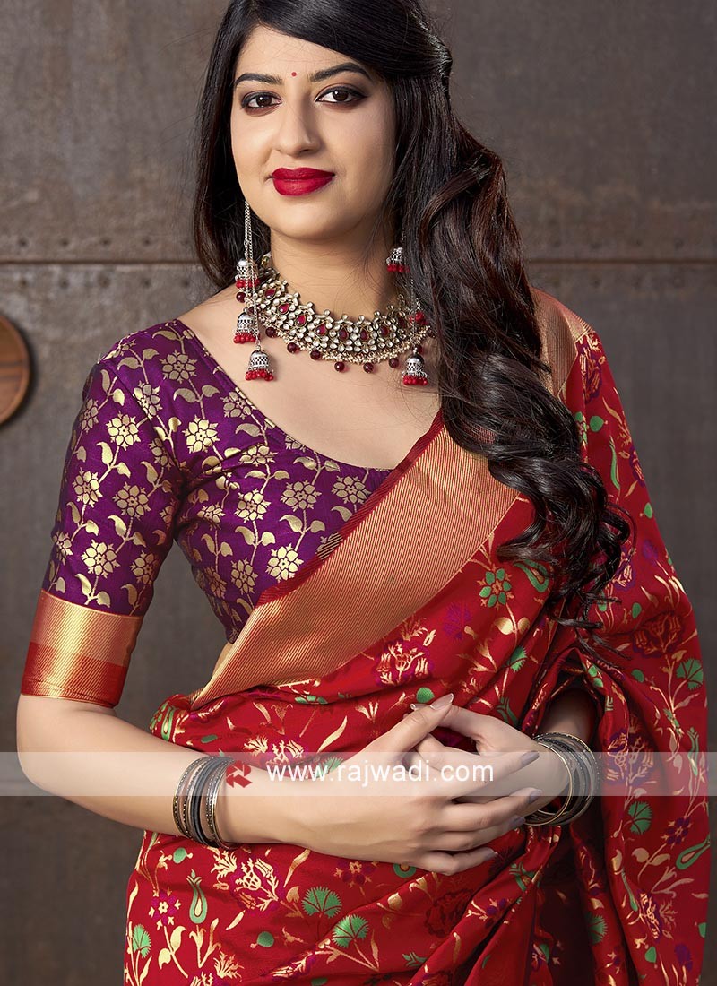 Red Banarasi Silk Saree With Contrast Blouse