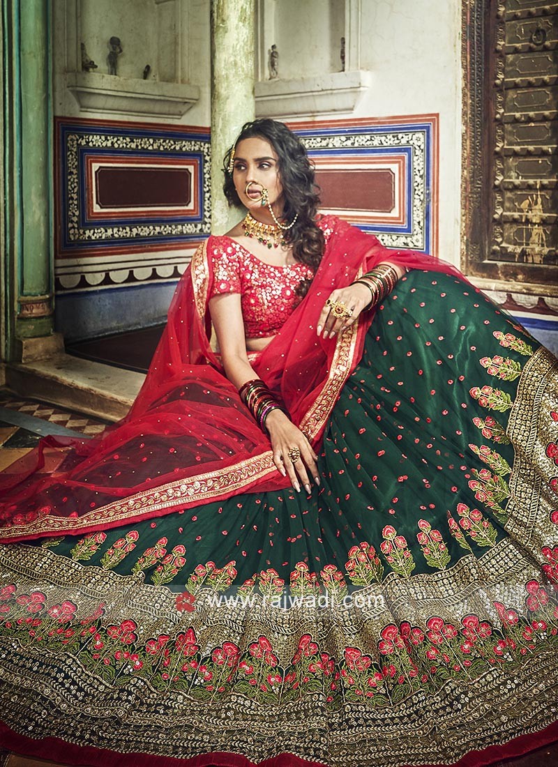 Red & White Bridal Lehenga With Green Bandhani Dupatta- Annu's Creation